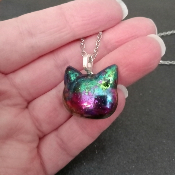 Rainbow color shift cat stud earrings and necklace jewelry set new handmade New - Picture 4 of 8